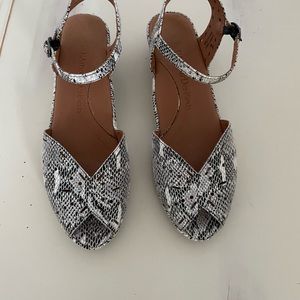 L’amour des pieds Brenn leather animal print low wedge sandals